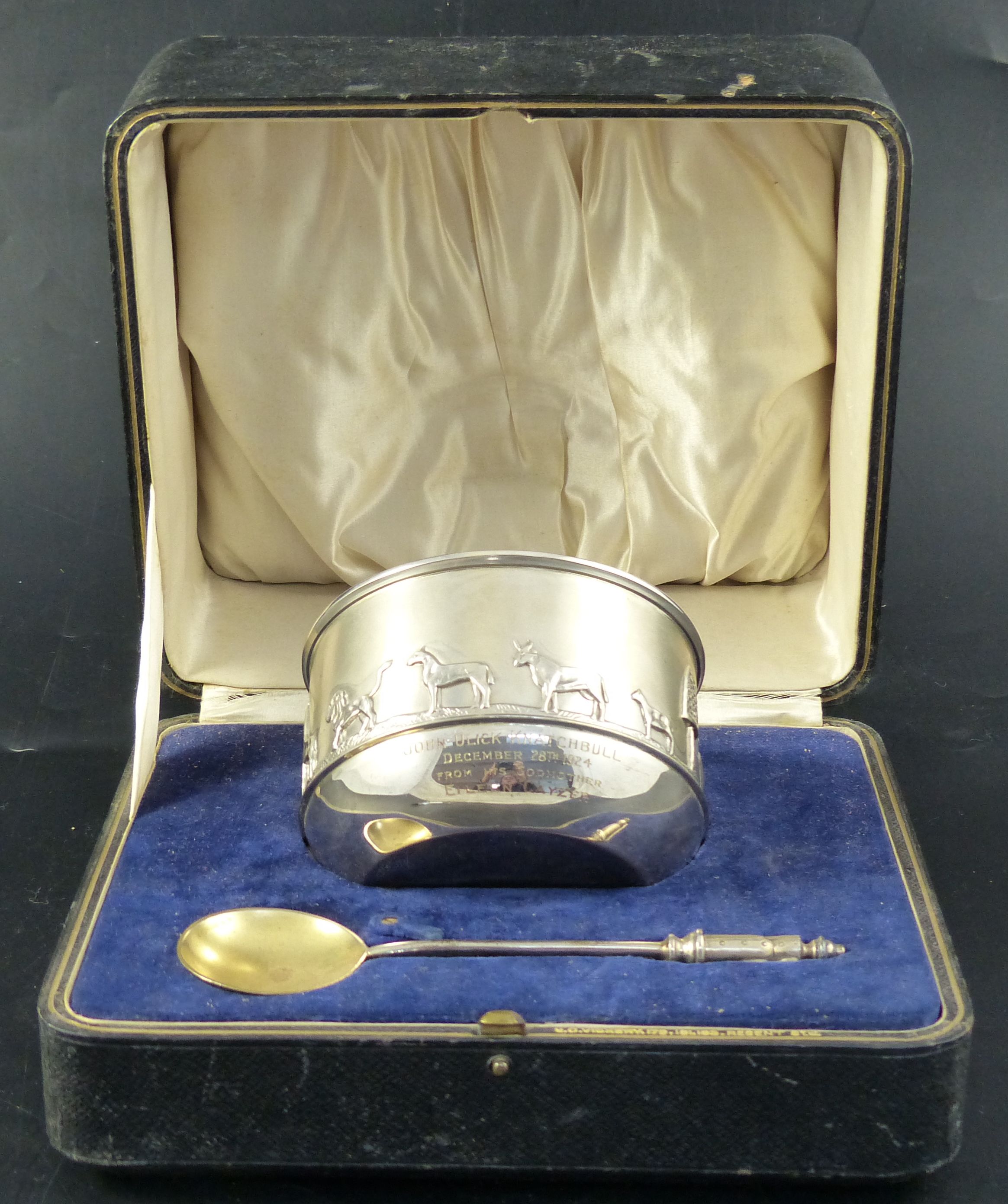 A George V cased silver Noahs Ark bowl and spoon, 7oz.